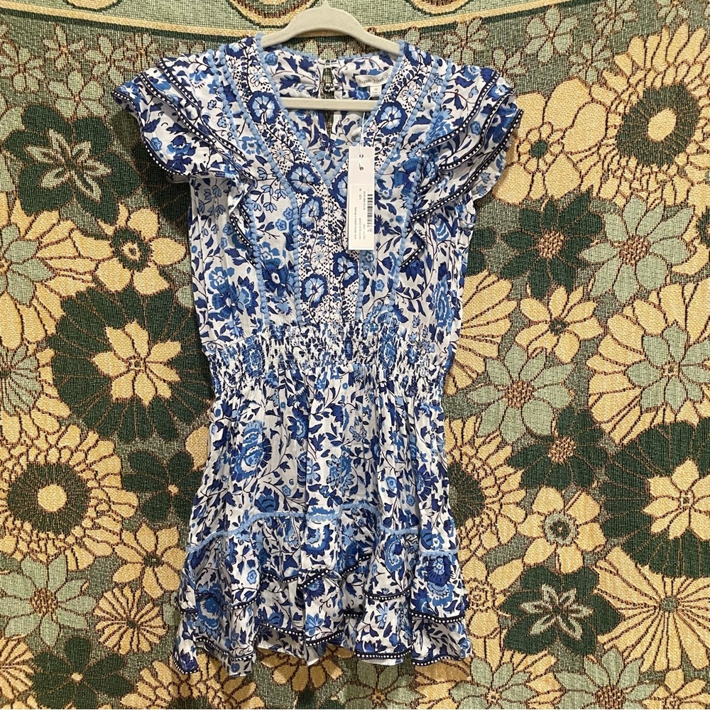 NWT Poupette St Barth Mini Dress Camila White Blue Celery Kids M